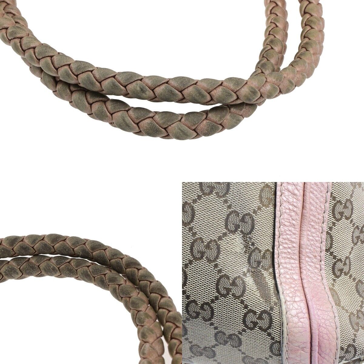 GUCCI Logo GG Pattern Shoulder Tote Bag Bamboo Canvas Leather Brown Pink 30EE118