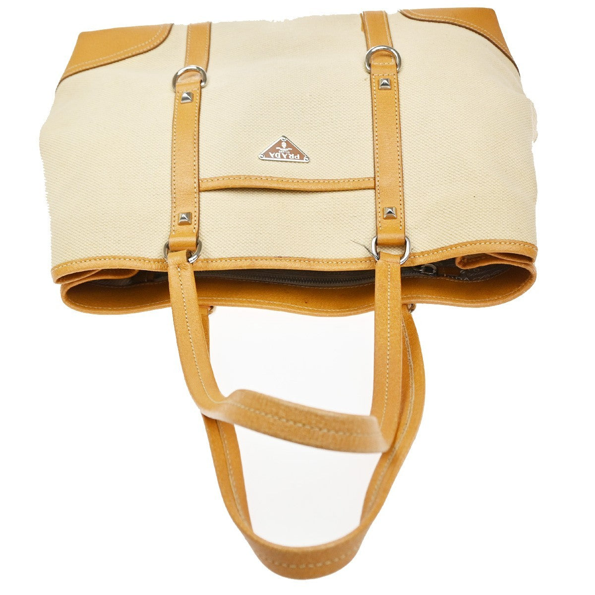 PRADA Logo Shoulder Tote Hand Bag Canvas Leather Beige Orange SHW Italy 34MA594