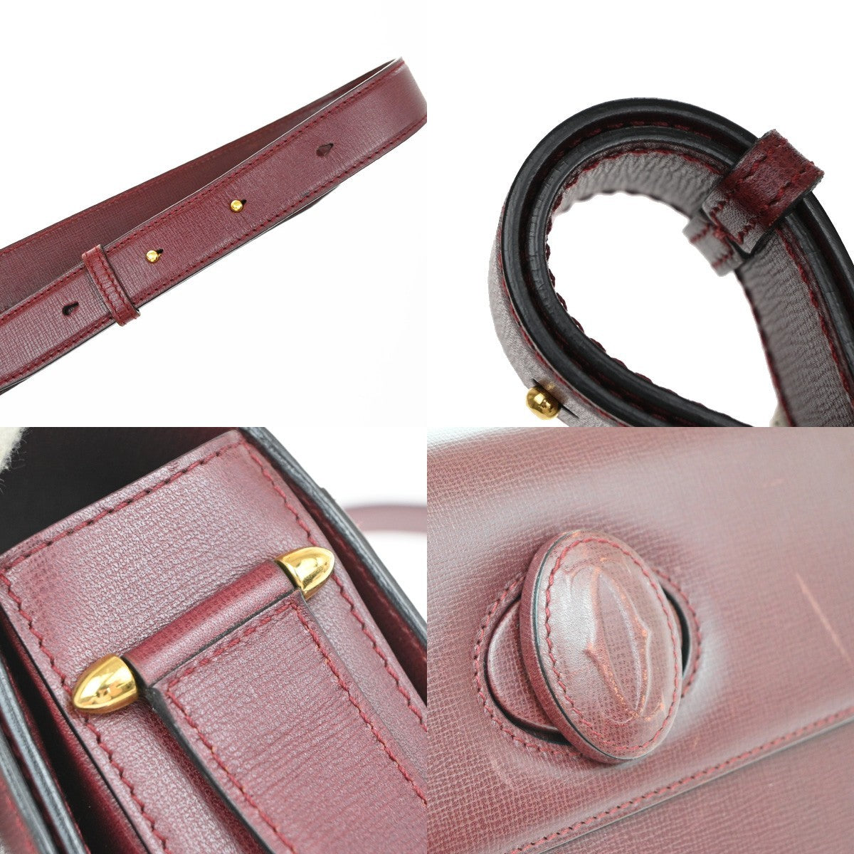 MUST DE CARTIER 2C Logo Shoulder Bag Leather Bordeaux Red GHW Italy 34EG398