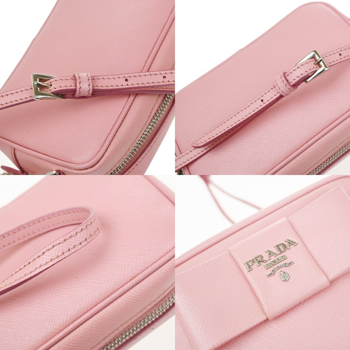 PRADA Logo Saffiano Fiocco Bow Min Shoulder Bag Leather Pink SHW Italy 74YH967