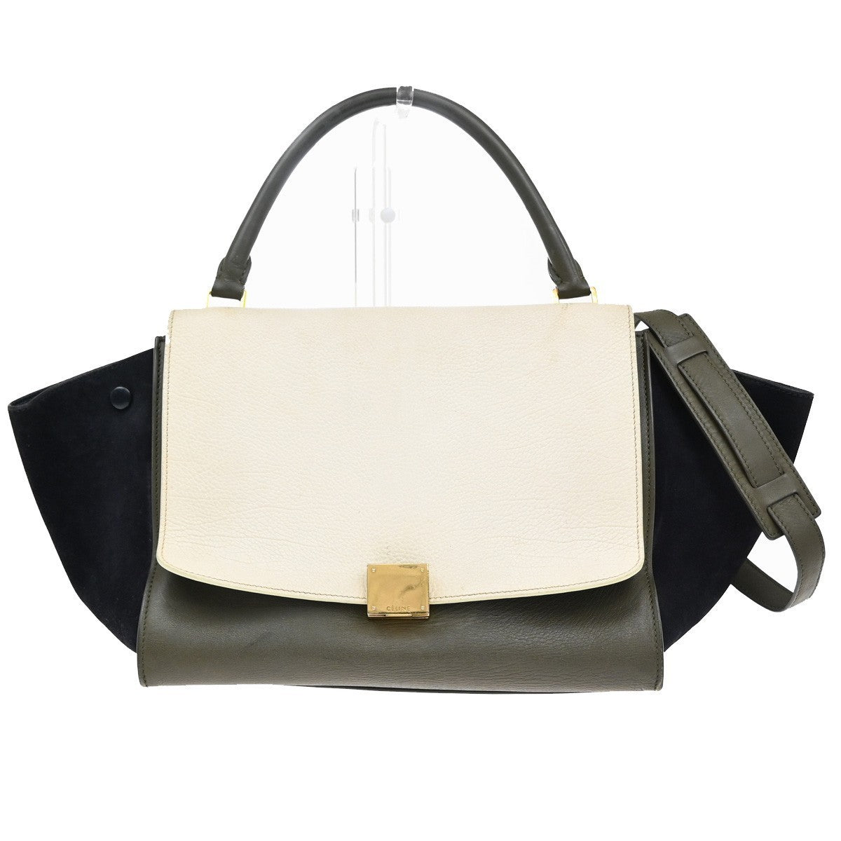 CELINE Trapeze Tricolor 2way Shoulder Bag Leather Suede Khaki White Blue 87EG174
