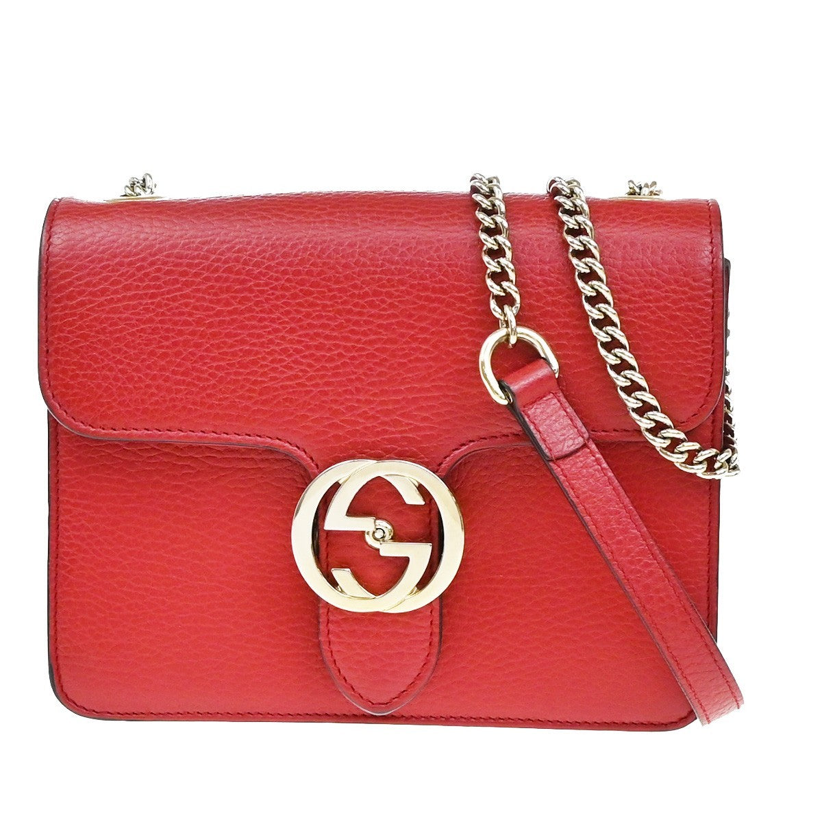 GUCCI Logo Interlocking G Chain Mini Shoulder Bag Leather Red GHW Italy 52KP126