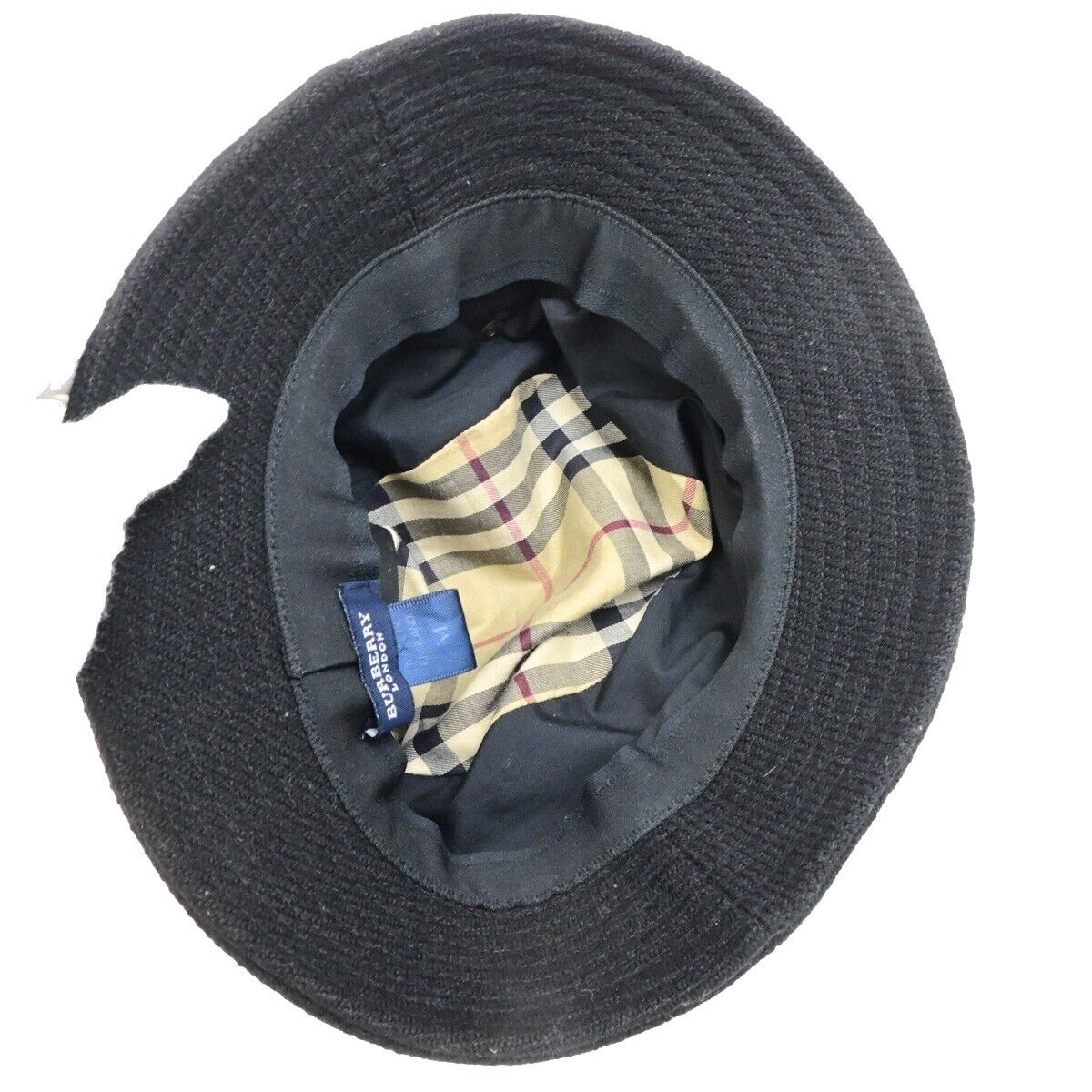BURBERRY LONDON Logo Nova Check Bucket Hat #M Wool Cotton Leather Black 04KA570