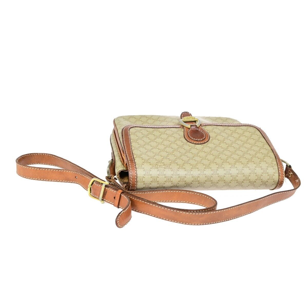 CELINE Logo Macadam Pattern Shoulder Bag PVC Leather Beige Italy 04EB426