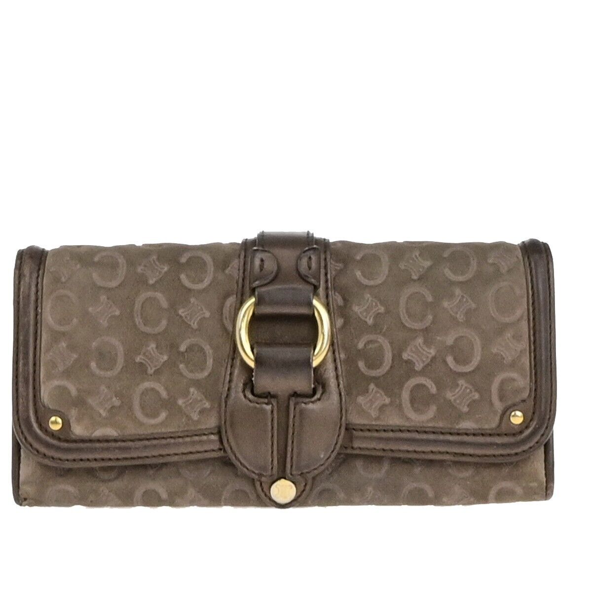 CELINE Logo Macadam Long Bifold Wallet Suede Leather Brown Gold 07KA509