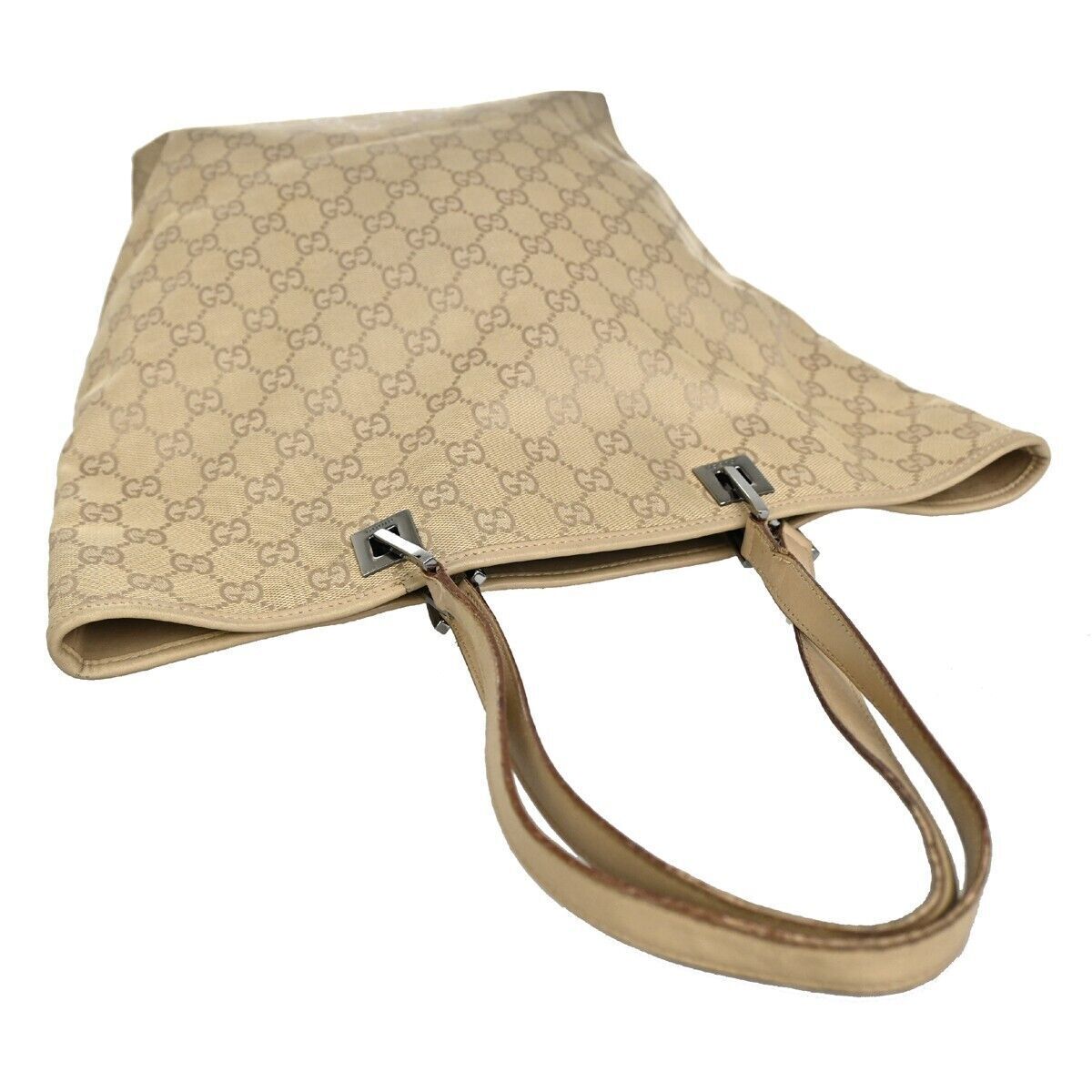 GUCCI Logo GG Pattern Tote Shoulder Bag Canvas Leather Beige SV Italy 08GA225