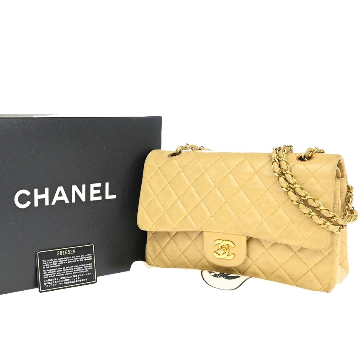 CHANEL CC Matelasse 25 Double Flap Chain Shoulder Bag Leather Beige GHW 381RJ843