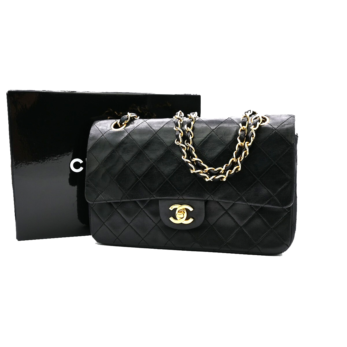 CHANEL CC  Matelasse 25 Double Flap Chain Shoulder Bag Leather Black 377RJ823