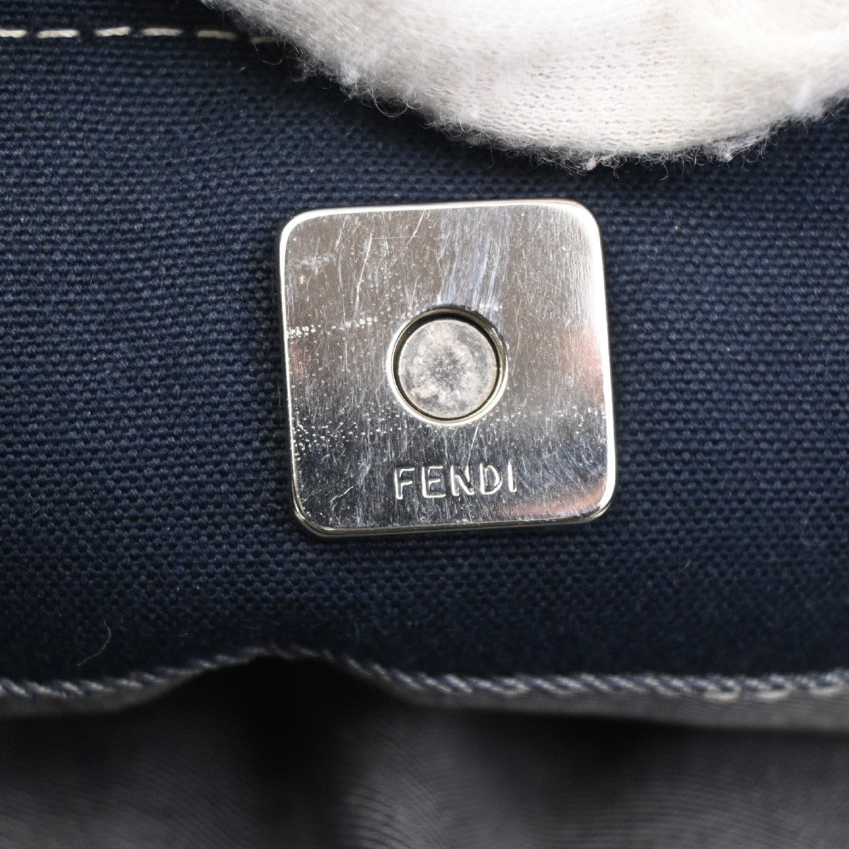 FENDI FF Logo Hand Bag Tote Bag Canvas Demin Leather Navy Blue Italy 78ZA127