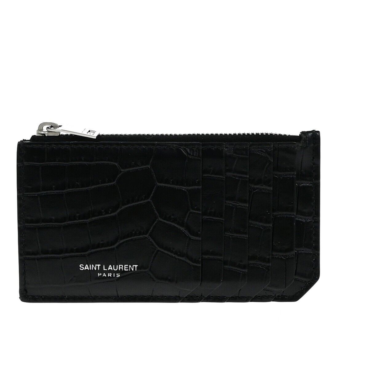 SAINT LAURENT Logo Compact Card Case Coin Wallet Embossing Leather Black 62EE084