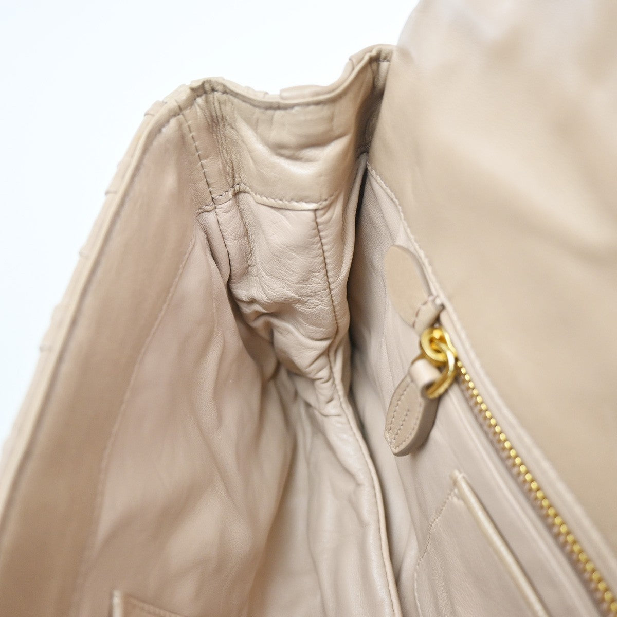 PRADA Logo Flap Shoulder Hand Bag Gathered Nappa Leather Beige Italy 70MA395