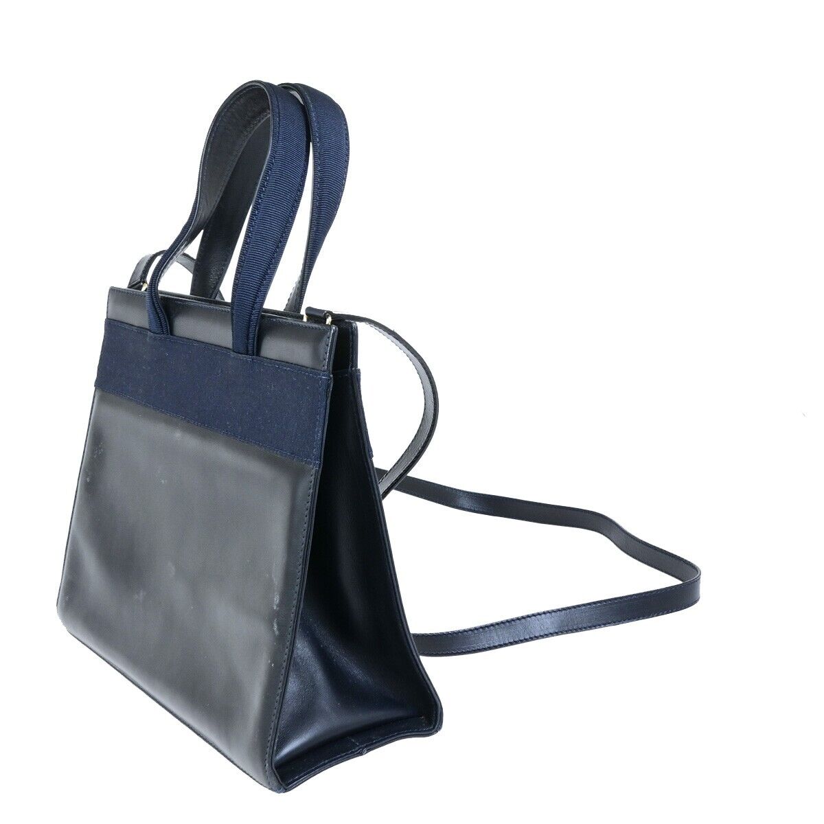 SALVATORE FERRAGAMO LOGO Vara 2Way Hand Bag Leather Canvas Navy Blue 65FA942