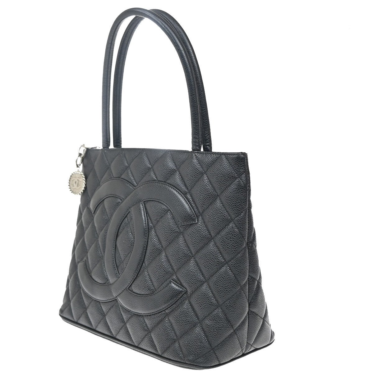 CHANEL Medallion Matelasse Shoulder Bag Grained Calfskin Leather Black 620RF881
