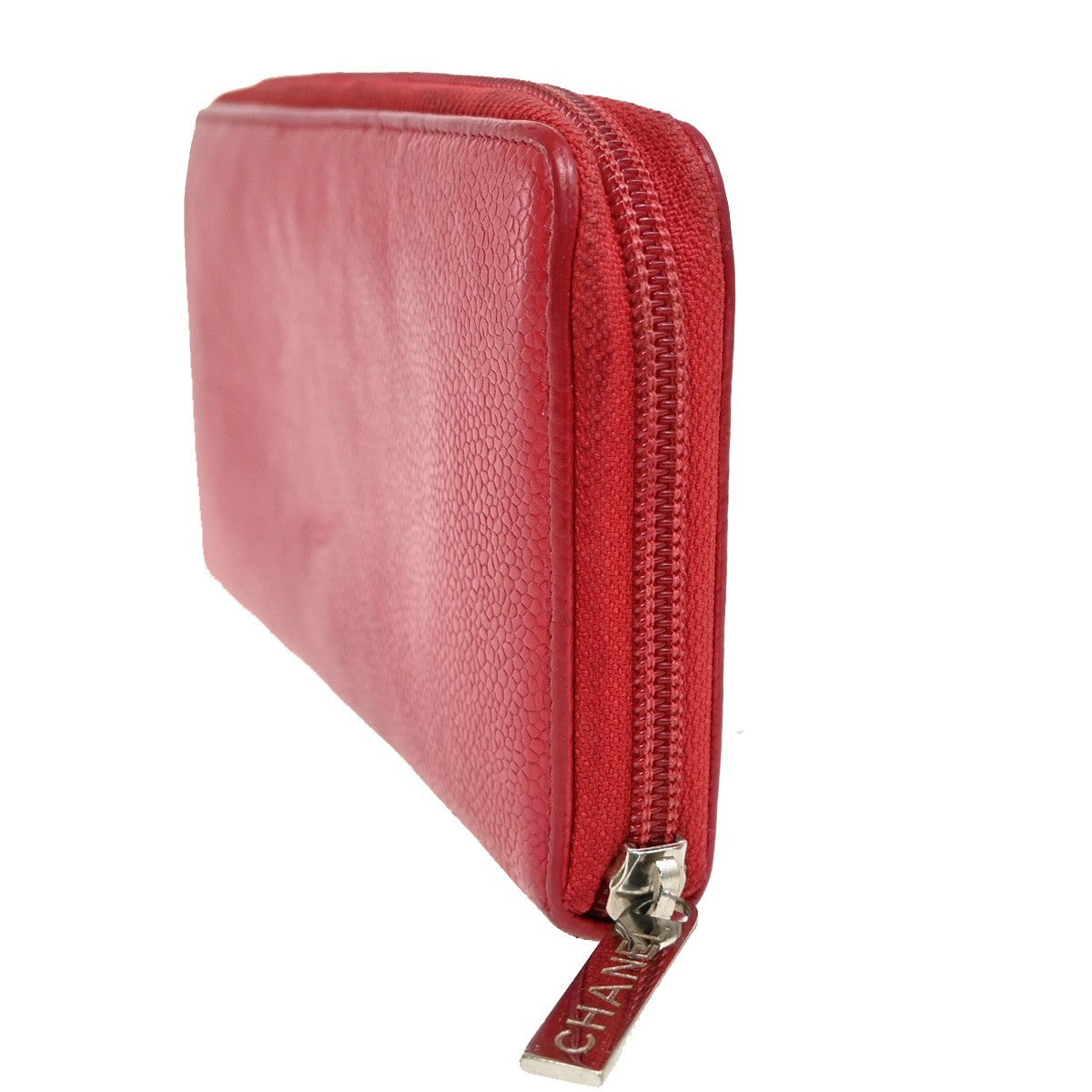 CHANEL CC Logo Zipper Around Wallet Grained Calfskin Leather Red SHW 35YH792