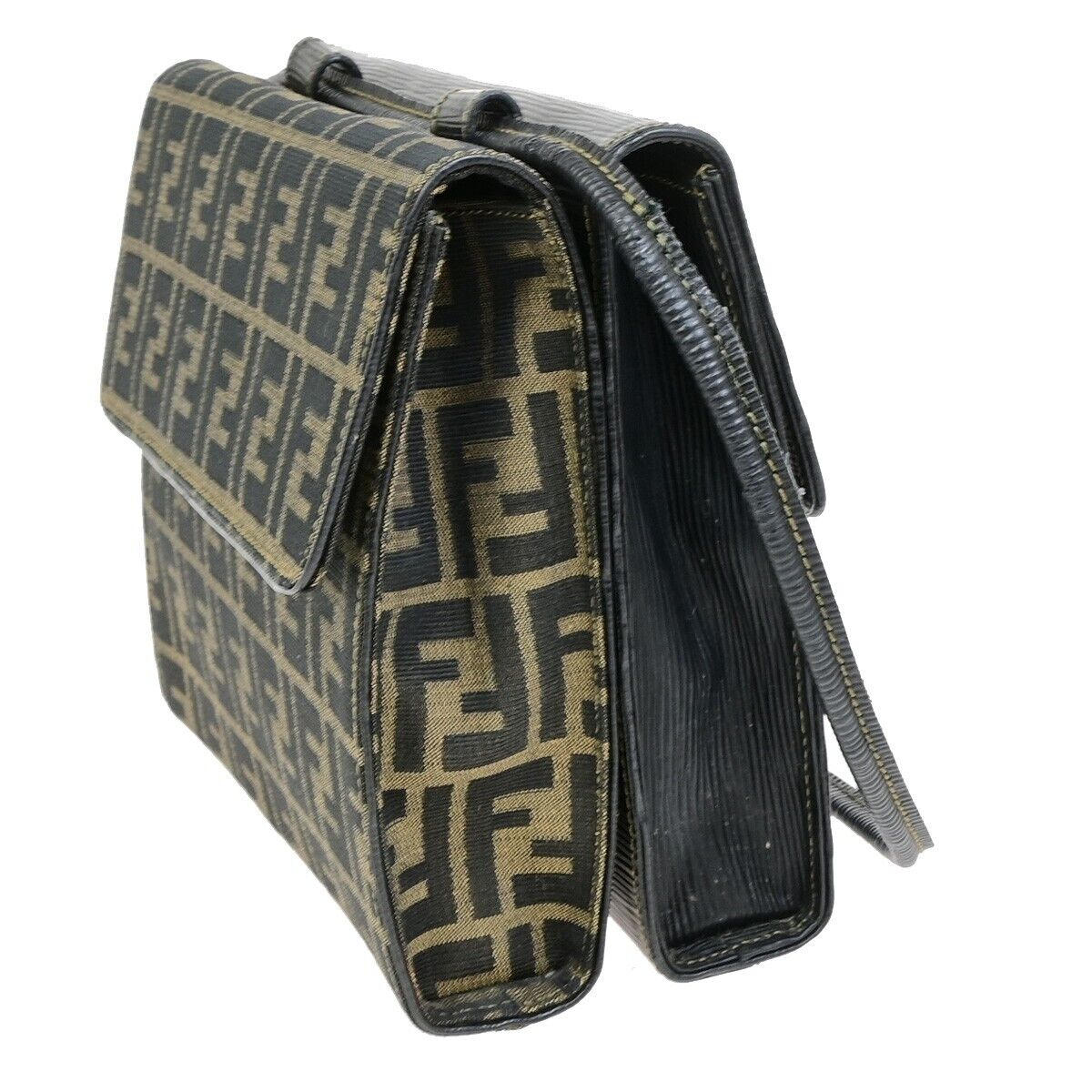FENDI Logo Zucca Pattern Shoulder Bag Canvas Leather Brown Black GHW 76ED916