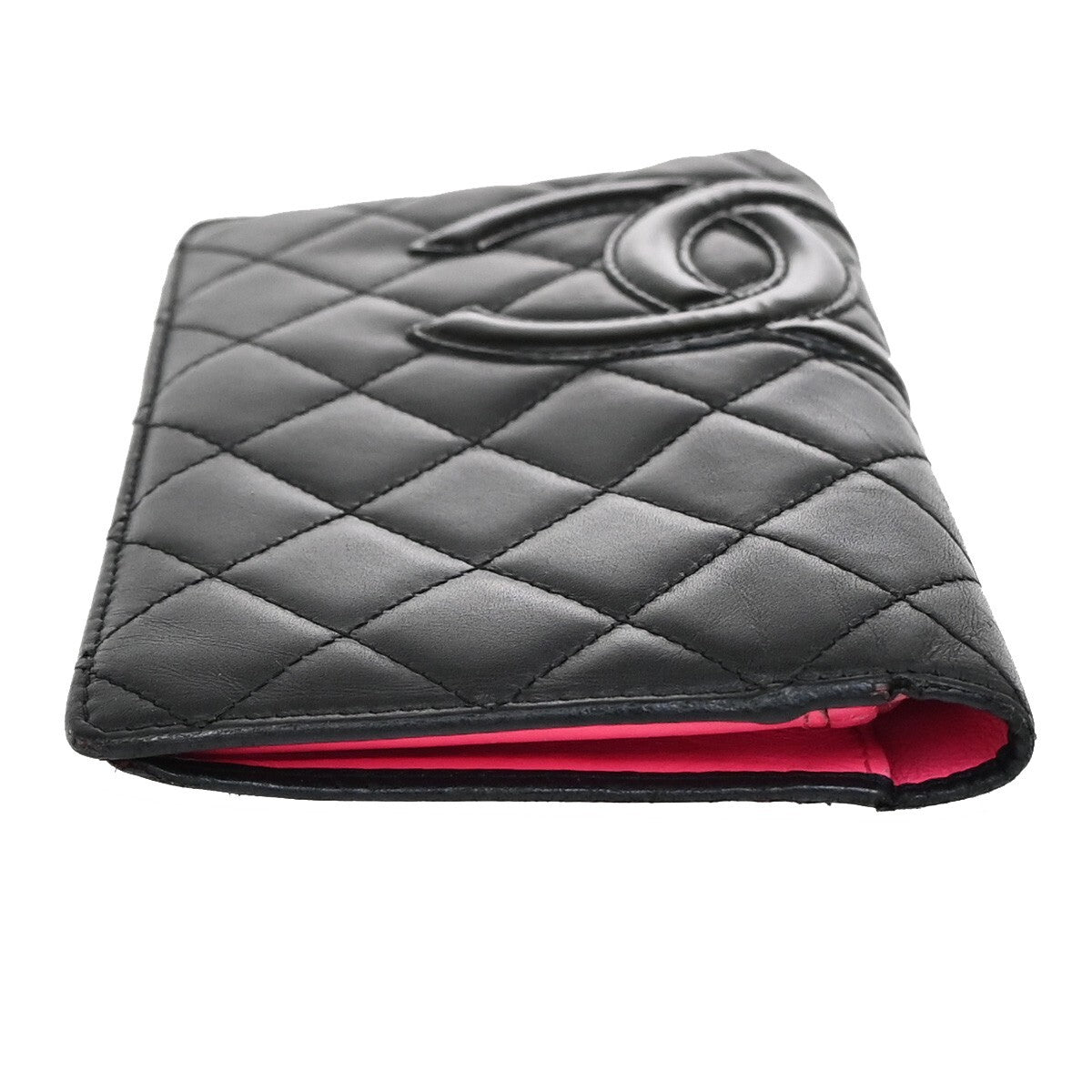 CHANEL CC Cambon Bifold Vertical Long Wallet Patent Leather Black Pink 67EE285