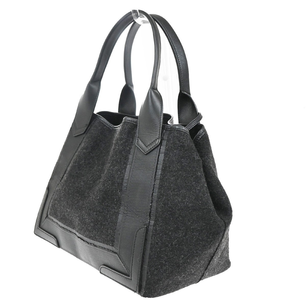 BALENCIAGA Logo Navy Cabas S Hand Bag Wool Felt Fabric Leather Black 30YH822