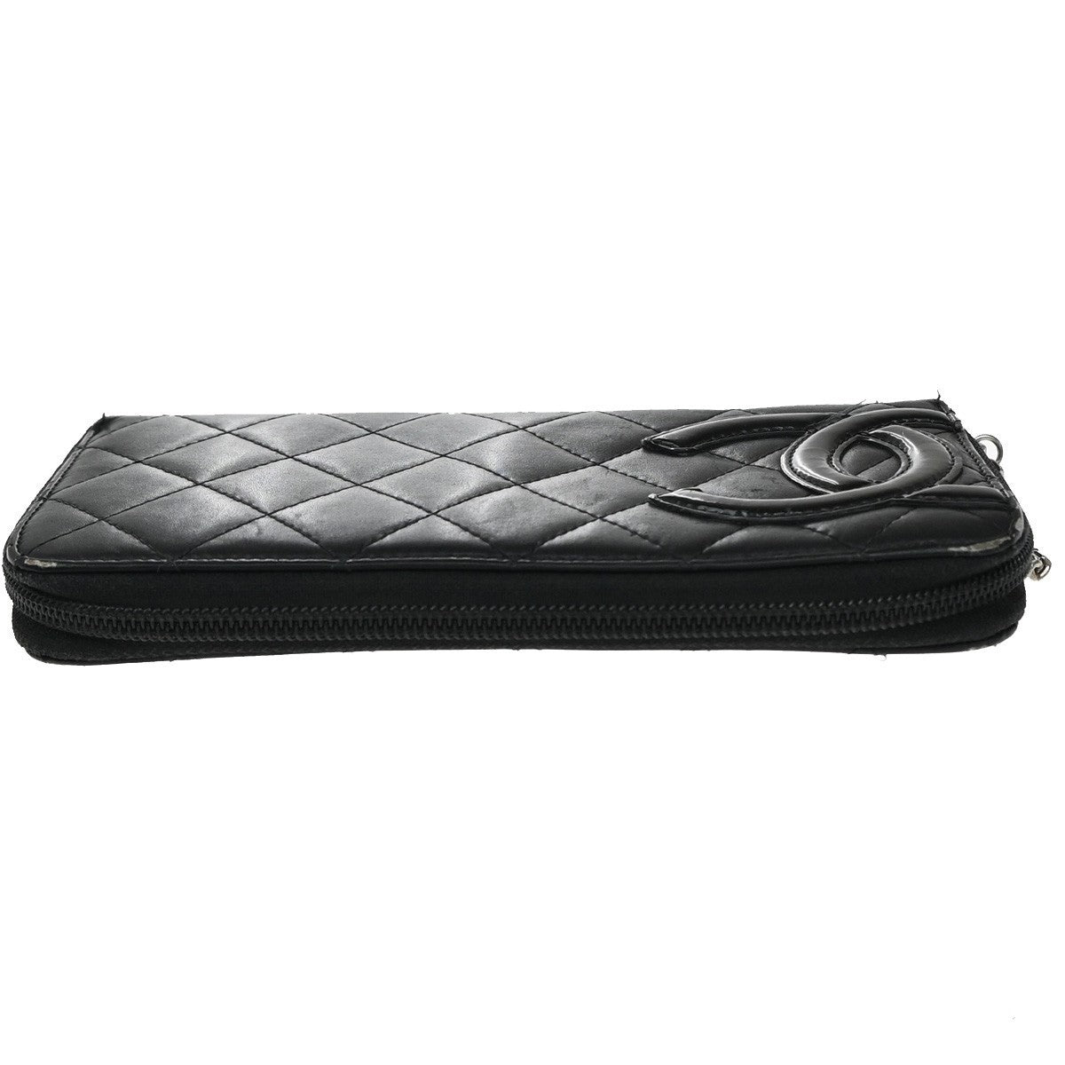 CHANEL CC Cambon Long Zipper Bifold Wallet Patent Leather Black SHW 38KP014