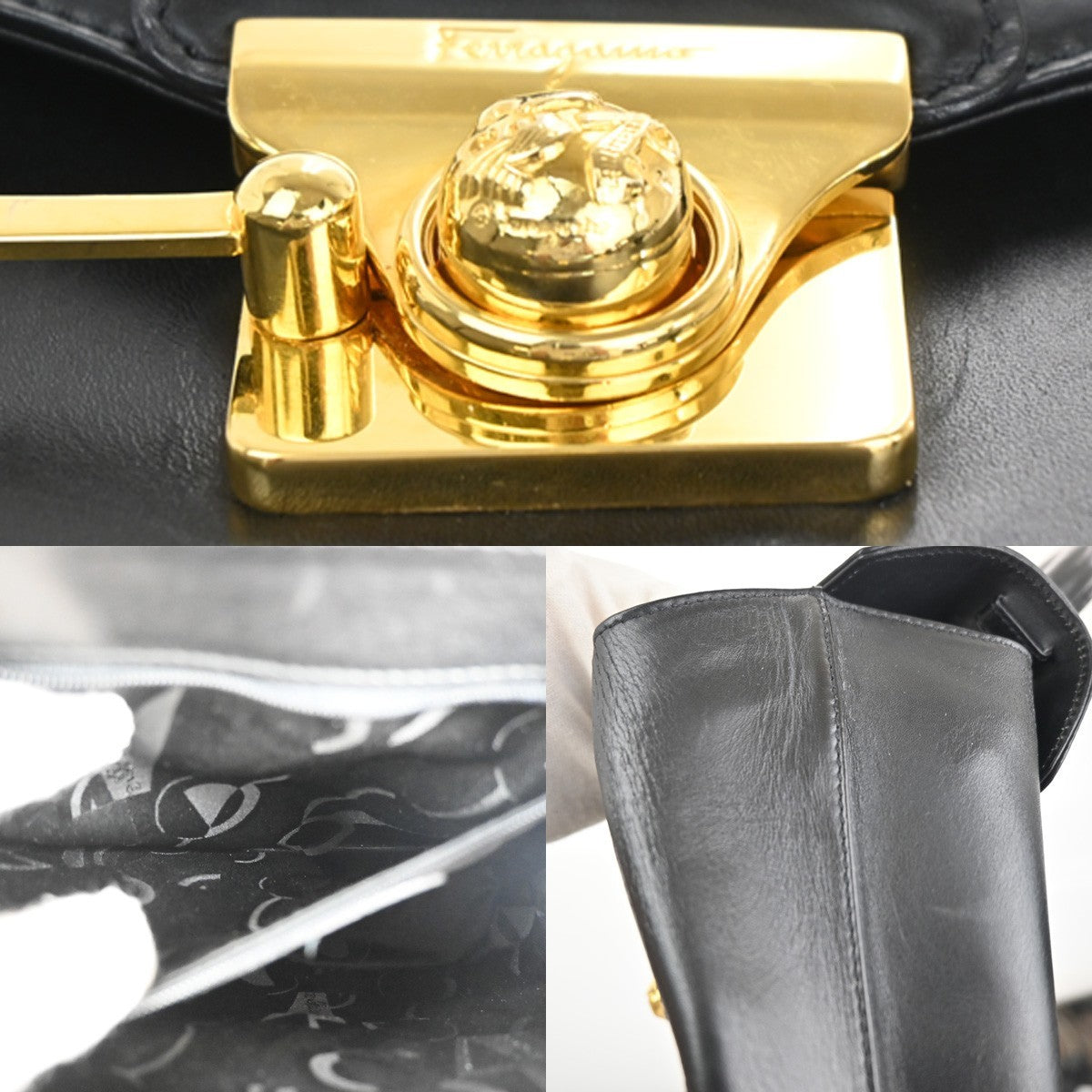 SALVATORE FERRAGAMO Logo Studded Top Handle Bag Leather Black Italy 36RL722