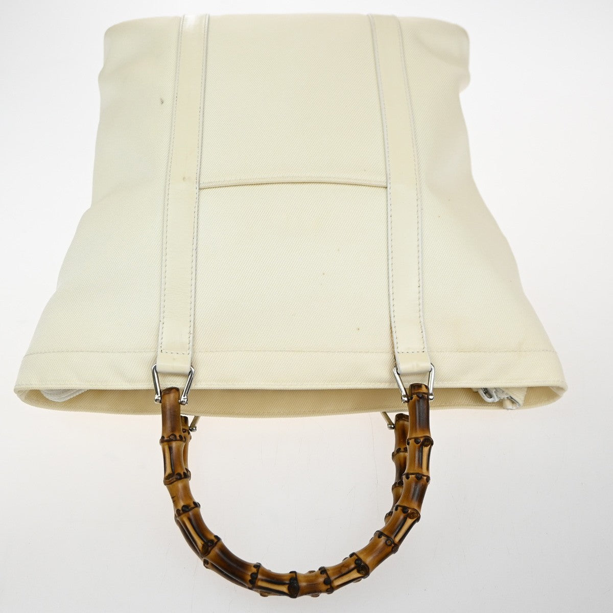 GUCCI Logo Bamboo Handbag Nylon Patent Leather White SHW Italy 66CA341