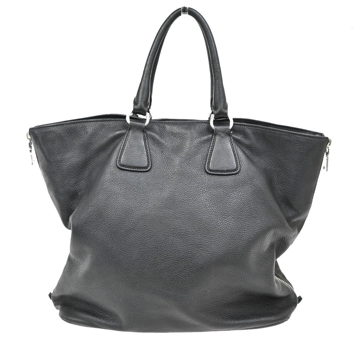 PRADA Logo Side zipper Hand Tote Bag Pebbled leather Black SHW 87TA115