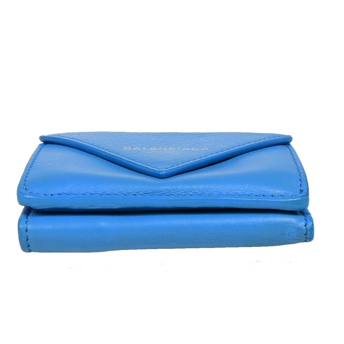 BALENCIAGA Logo Paper Mini Trifold Wallet Purse Leather Blue SHW Italy 68EB974