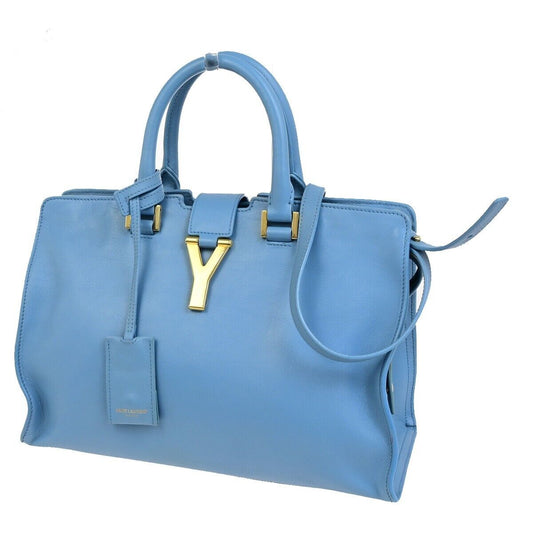 SAINT LAURENT  Logo Classic Y Cabas 2 Way Hand Bag Leather Blue Gold 79FB398