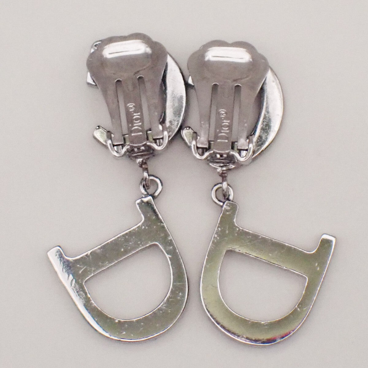 CHRISTIAN DIOR CD Logo Rhinestone Drop Earrings Clip-On Silver Accesory 05YH196