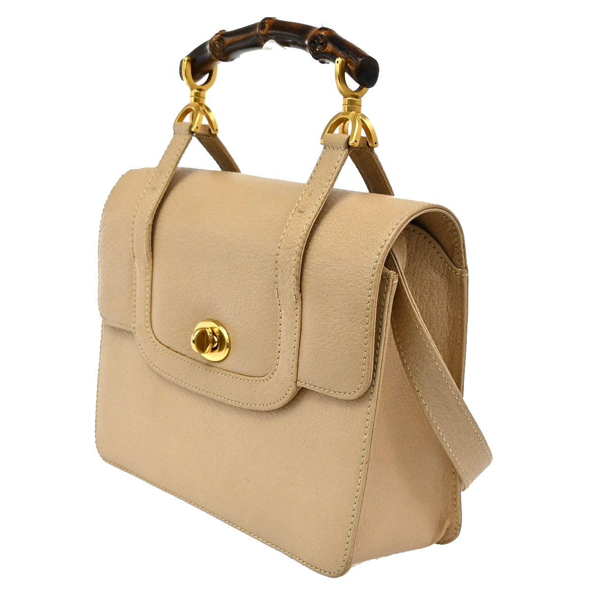 GUCCI Logo Bamboo 2Way Shoulder Hand Bag Leather Beige GHW Italy 95KB654