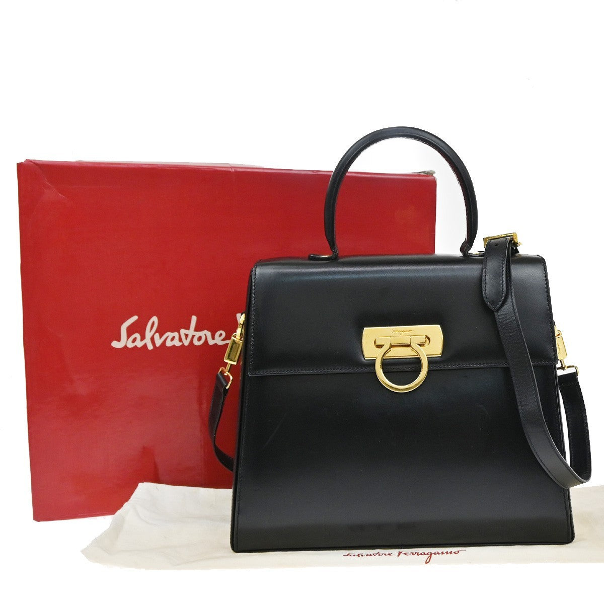SALVATORE FERRAGAMO Logo Gancini 2Way Hand Bag Leather Black GHW Italy 76YJ206