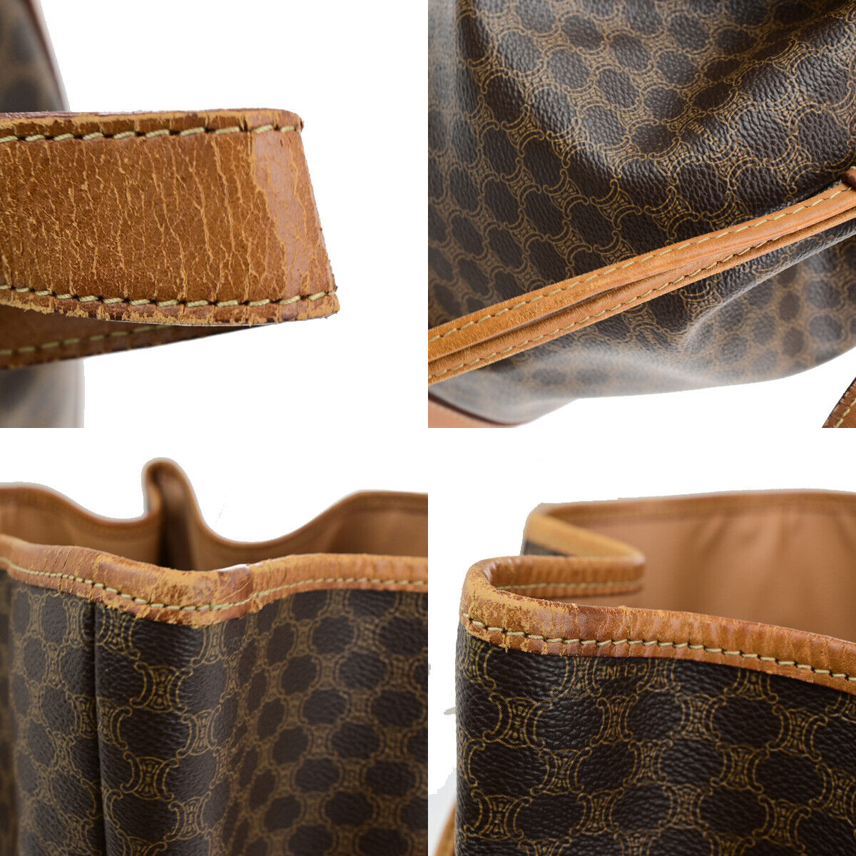CELINE Logo Macadam Pattern Drawstring Shoulder Bag PVC Leather Brown 66YF091