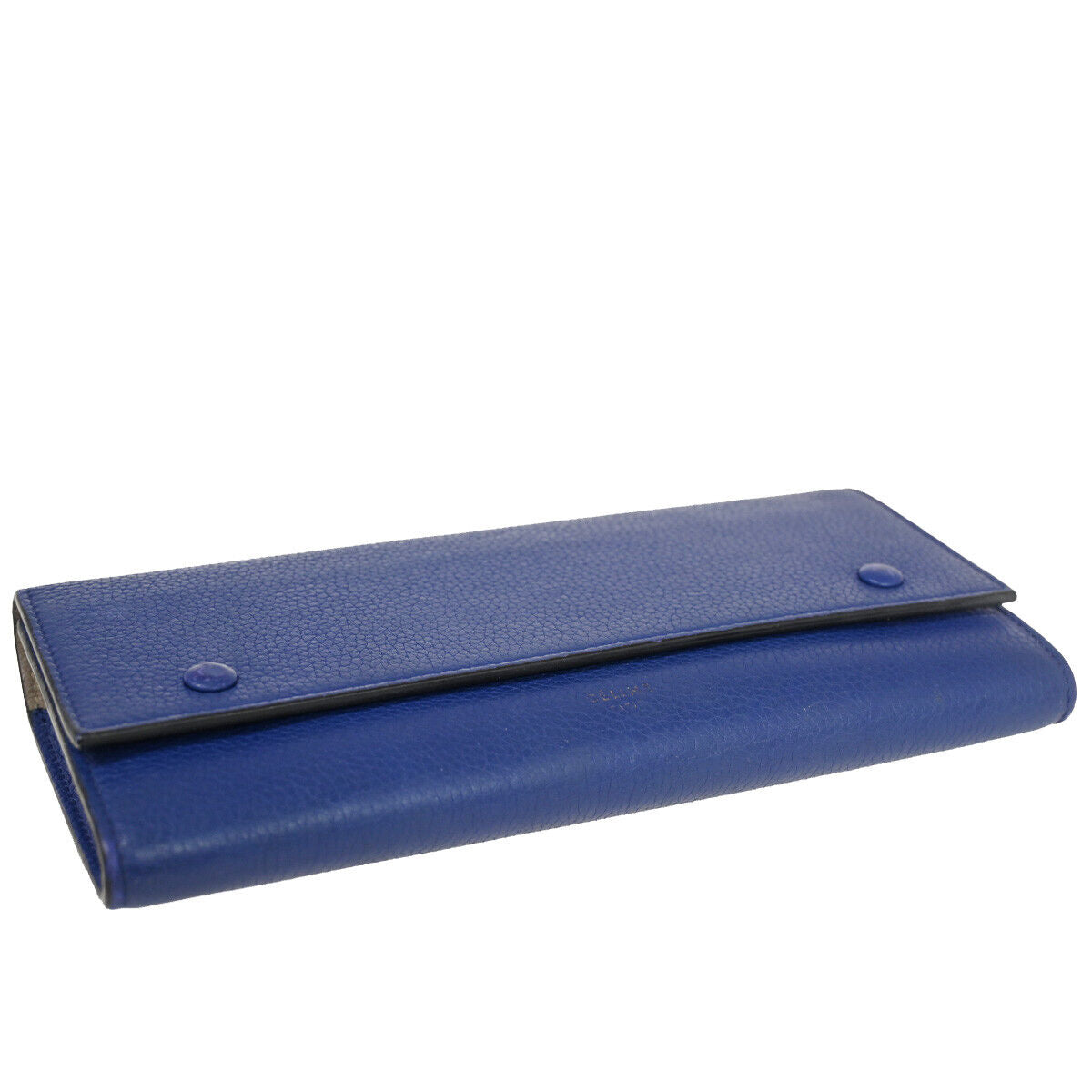 CELINE Logo Large Flap Long Bifold Wallet Purse Leather Blue Italy 01YB373