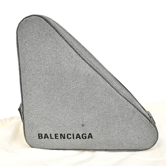 BALENCIAGA Logo triangle Clutch Bag Canvas Leather Silver Italy 38RL417
