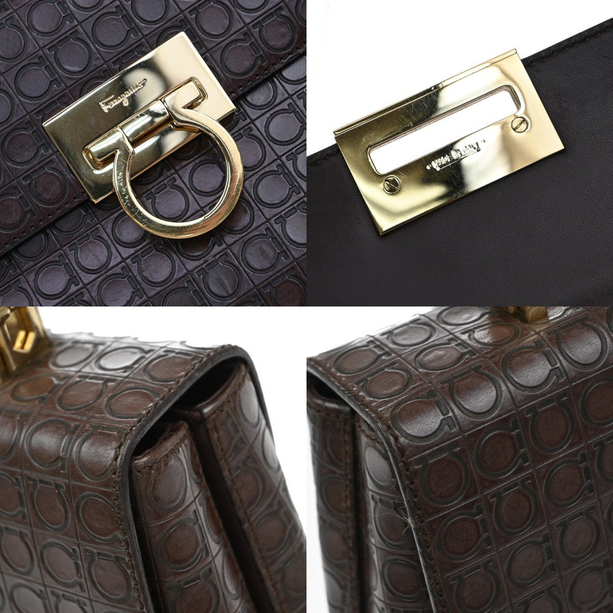 SALVATORE FERRAGAMO Logo Gancini Hand Bag Embossing Leather Brown GHW 31KA784