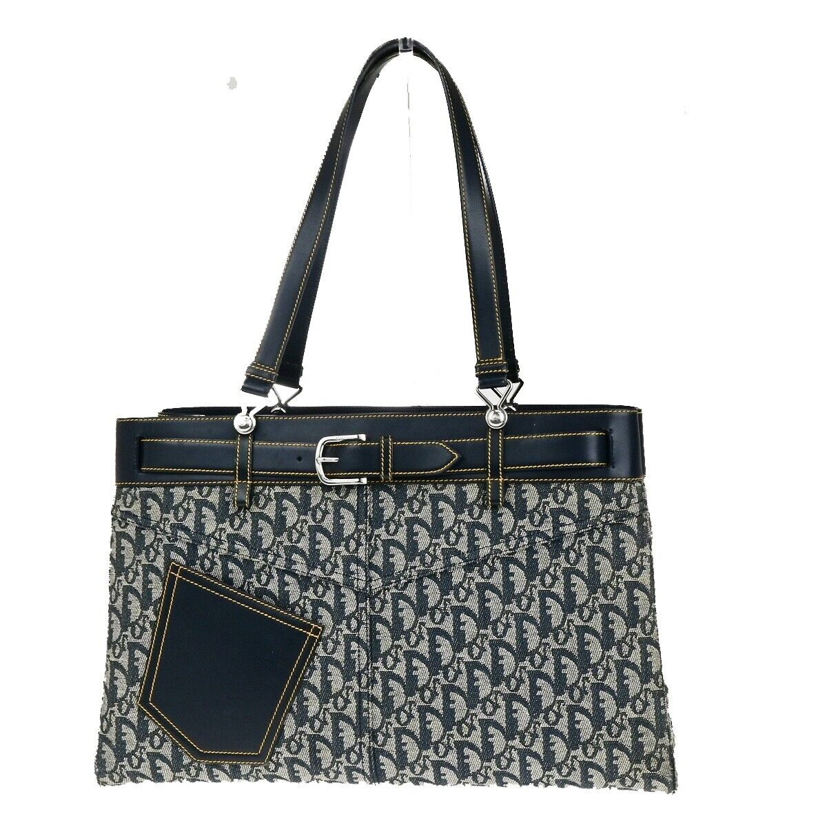 CHRISTIAN DIOR Trotter Pattern Shoulder Bag Canvas Leather Navy Blue 77ED282