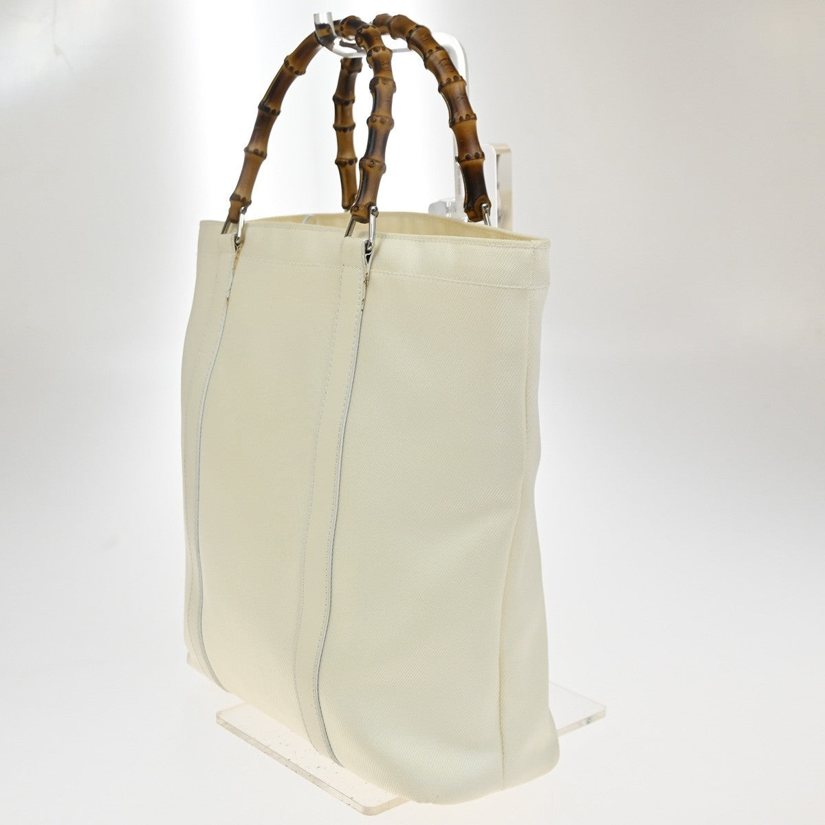 GUCCI Logo Bamboo Handbag Nylon Patent Leather White SHW Italy 66CA341