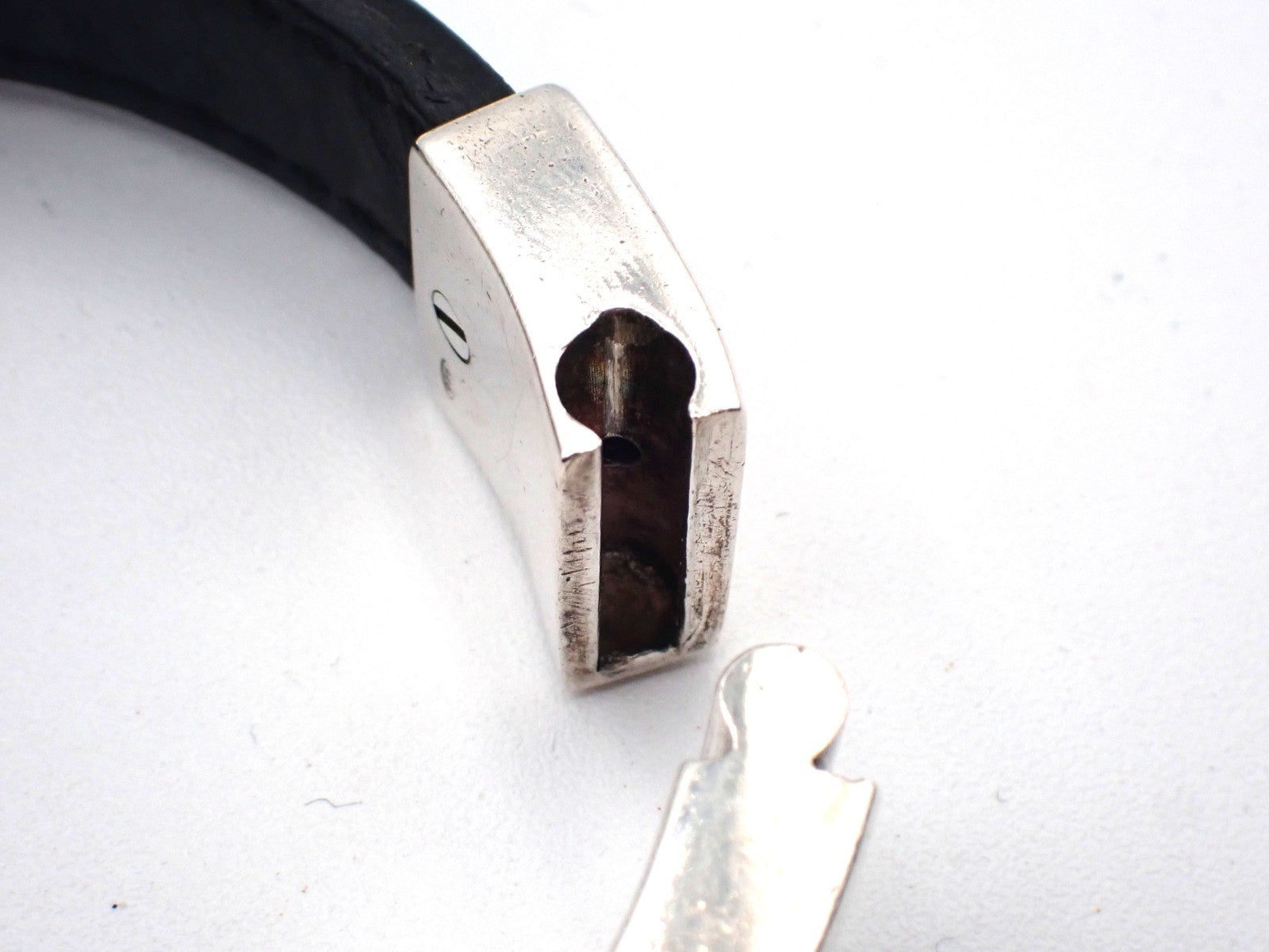 GUCCI Logo Bar Bracelet Bangle Leather Metal Black Silver925 Italy 01CA779