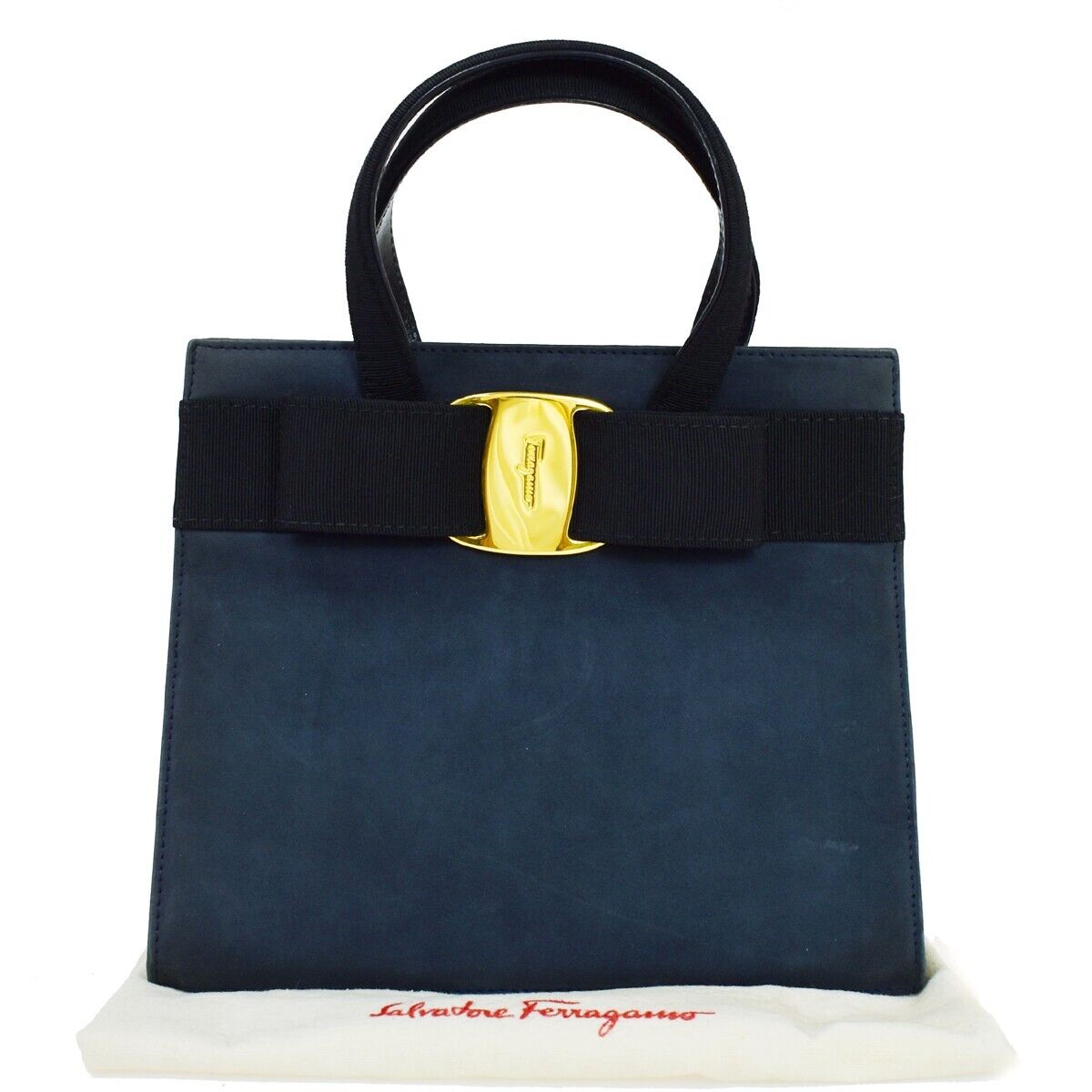 SALVATORE FERRAGAMO Vara Hand Bag Suede Leather Navy Blue Gold Italy 69ED289