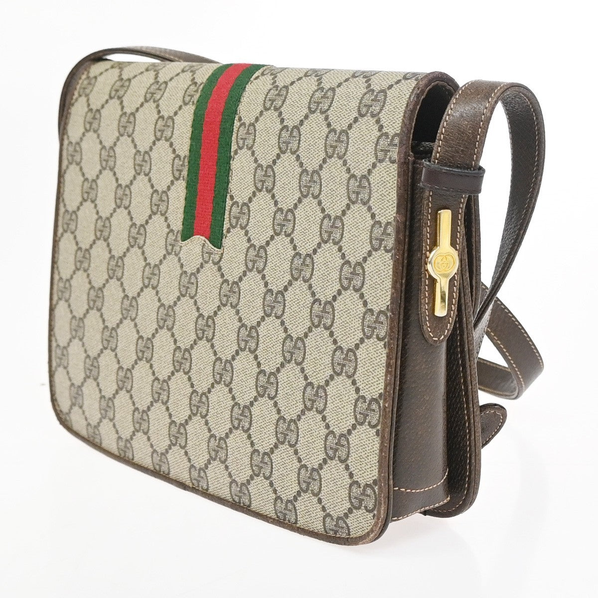 GUCCI Logo GG Pattern Sherry Flap Shoulder Bag PVC Leather Brown GHW 67KC907