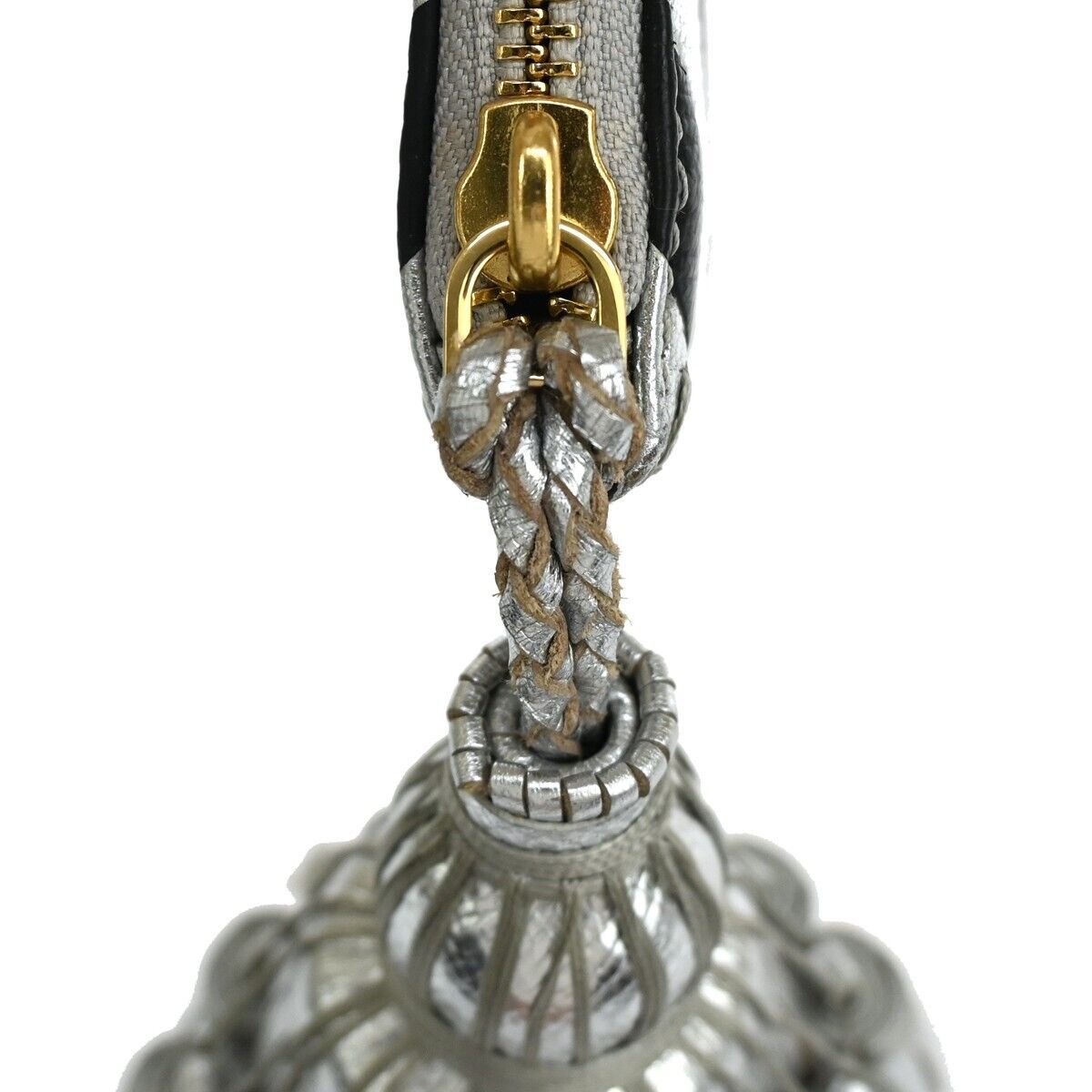 ANYA HINDMARCH Logo Fringe Tassel Clutch Hand Bag Leather Silver Black 69EA079