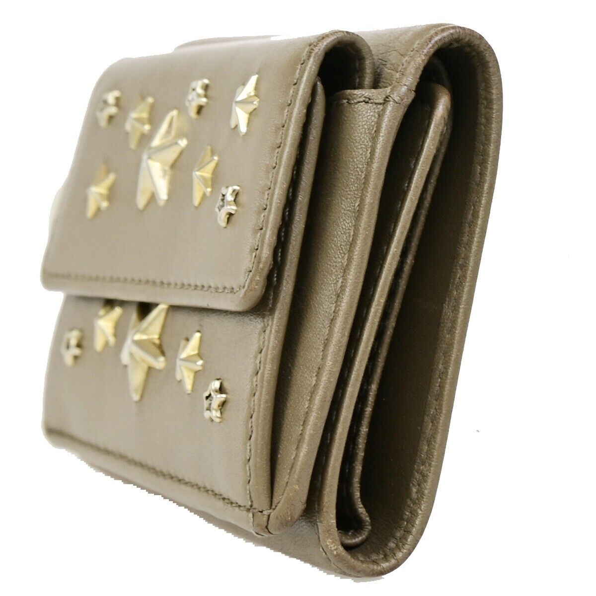 JIMMY CHOO Logo Star Studs Mini Trifold Wallet Purse Leather Brown Italy 09KA404