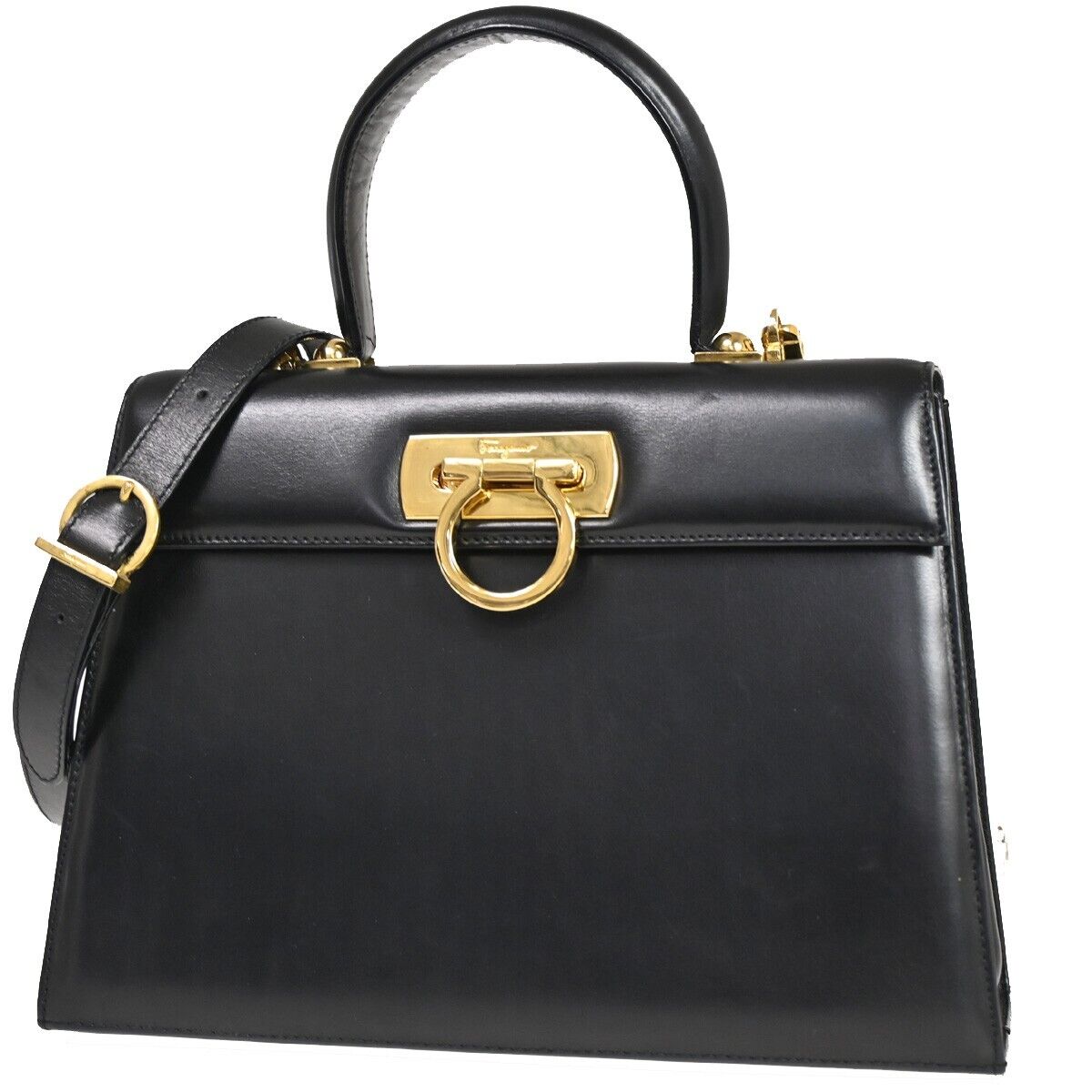 SALVATORE FERRAGAMO 2Way Gancini Shoulder Hand Bag Leather Black Gold 77SH468