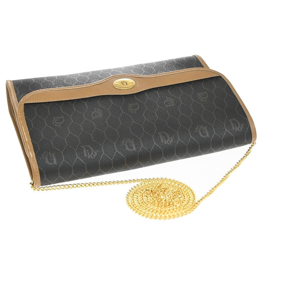 CHRISTIAN DIOR Logos Honeycomb Chain Shoulder Bag PVC Leather Brown Gold 38KP372