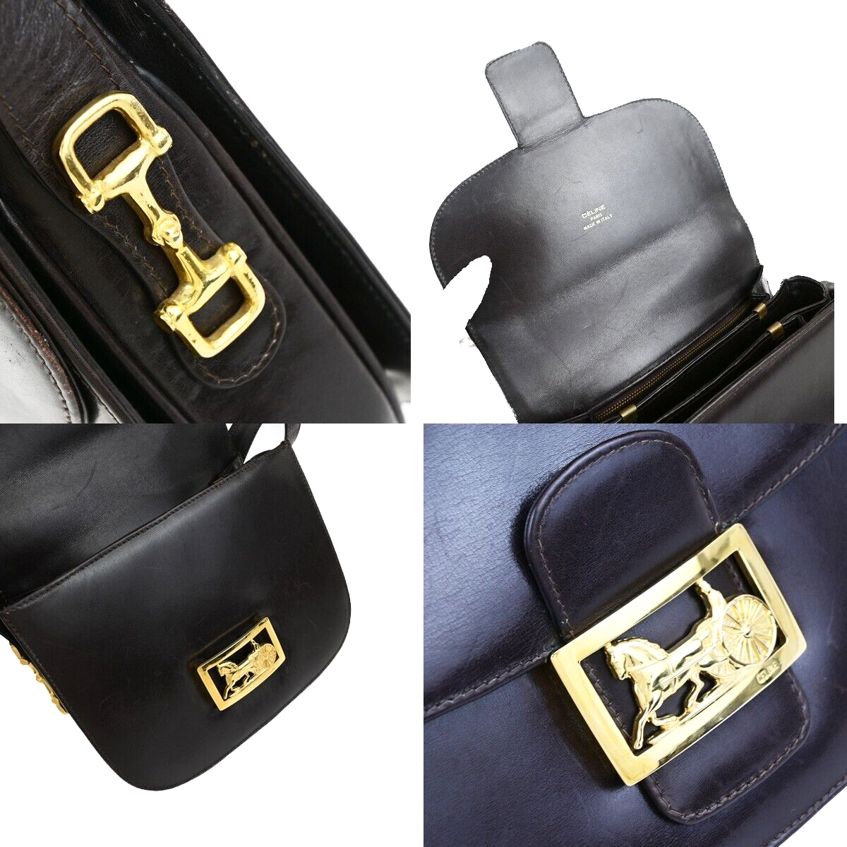 CELINE Logo Horse Carriage Shoulder Bag Leather Brown Gold Made in Italy 30EC868