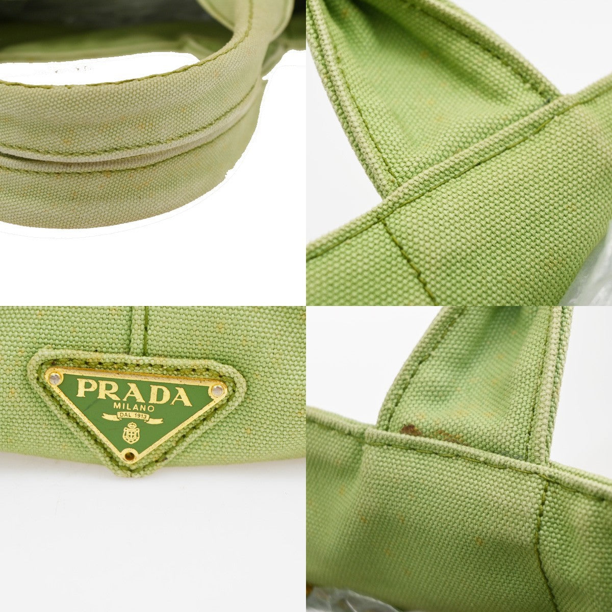 PRADA Milano Logo CANAPA Tote Hand Bag Denim Leather Green Gold Italy 32CA995