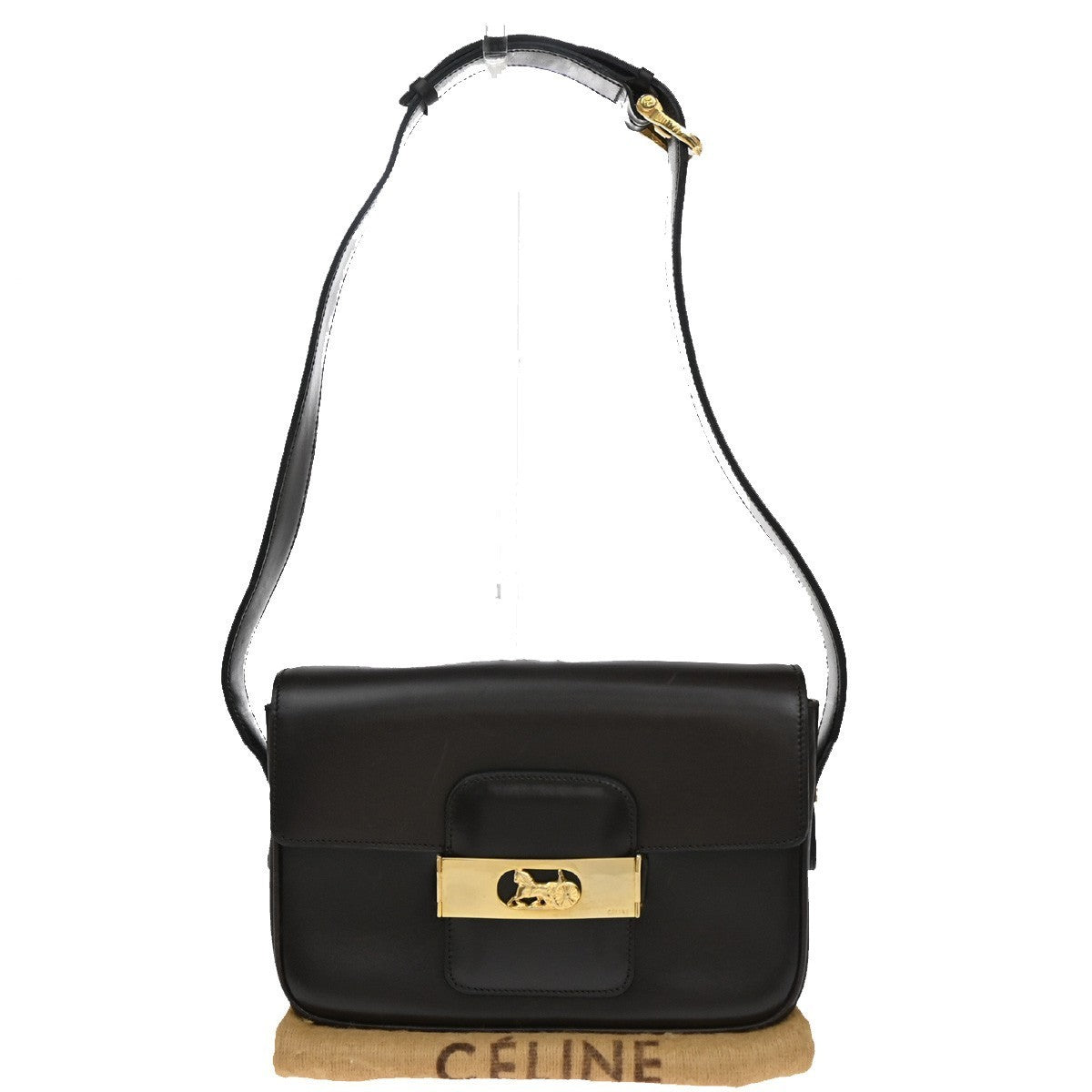 CELINE Horse Carriage Logo Shoulder Bag Leather Brown Gold 32KP193