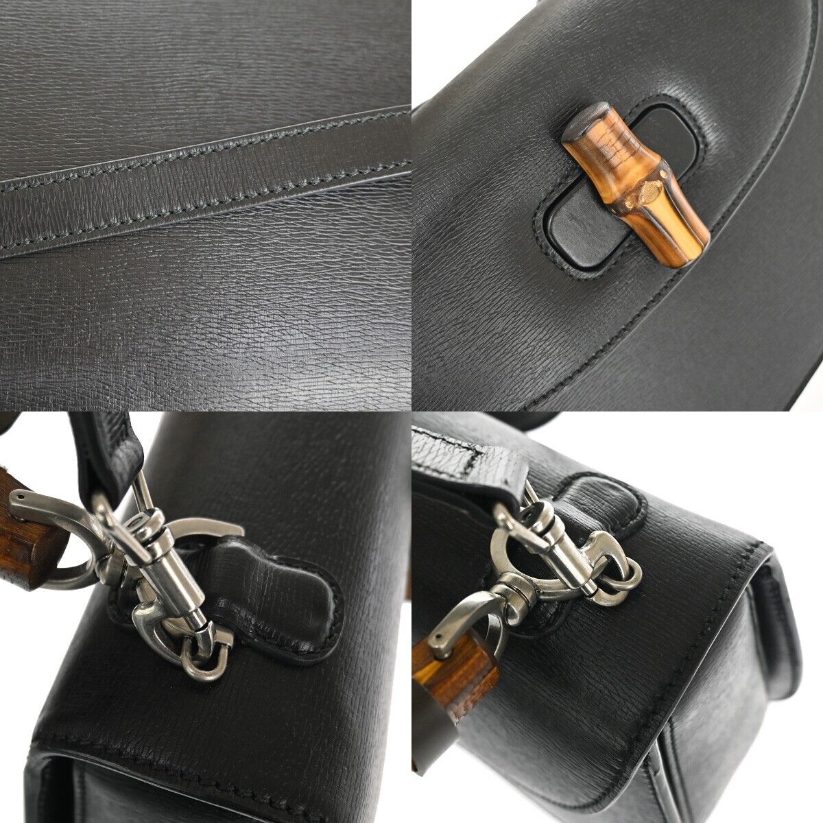 GUCCI Logo Bamboo 2Way Shoulder Hand Bag Leather Black Silver Italy 629RH724