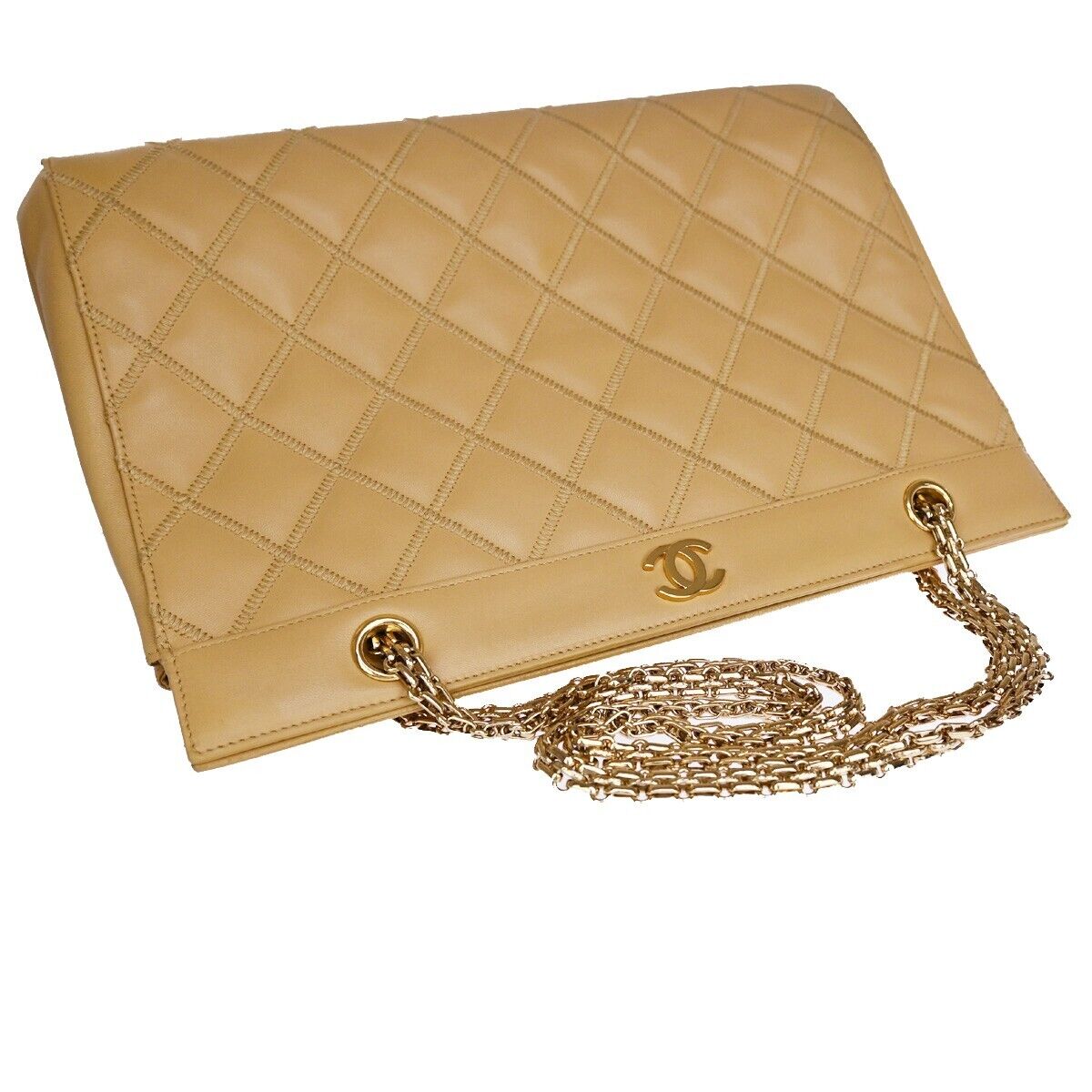 CHANEL CC Logo Matelasse Chain Shoulder Tote Bag Leather Beige GHW 305RJ393