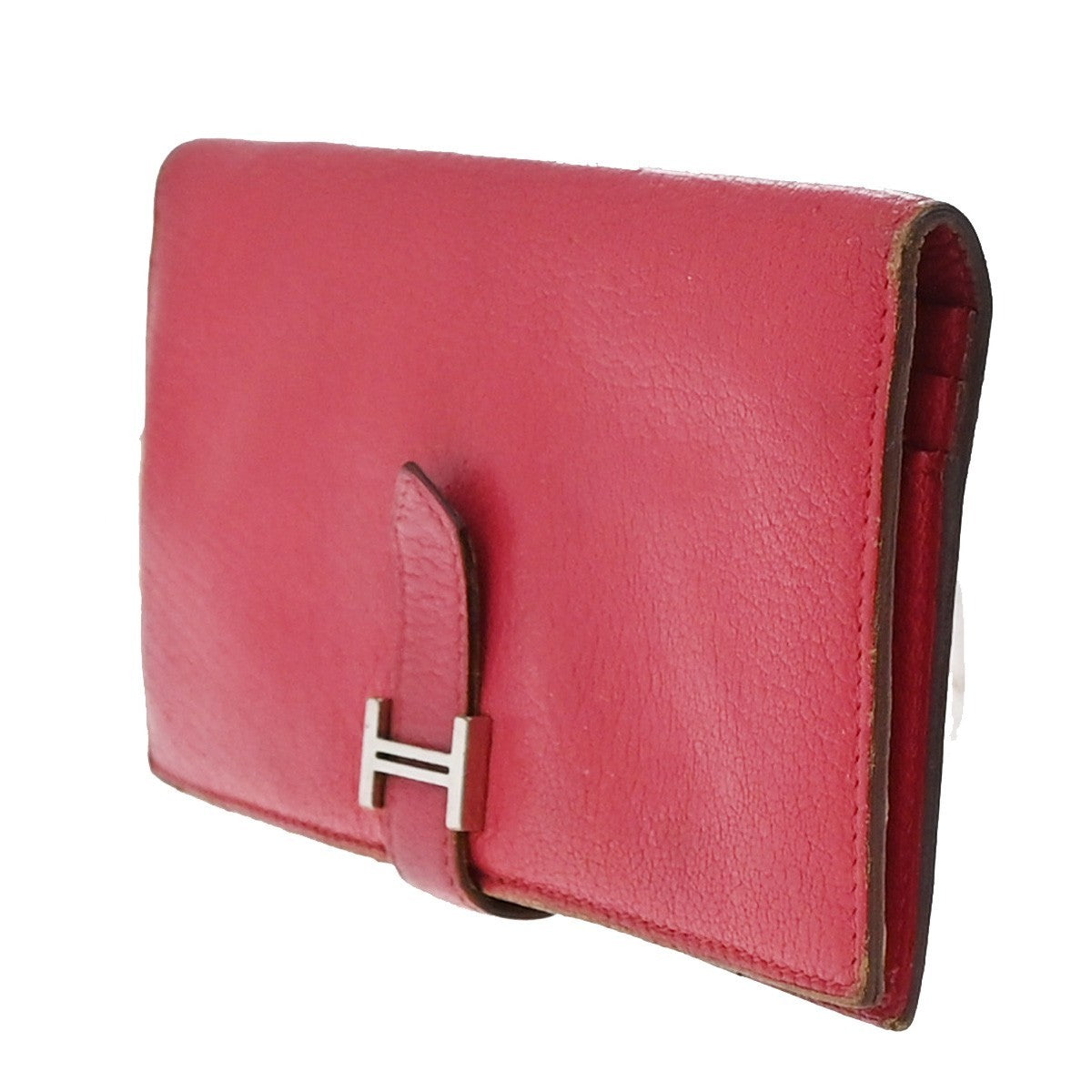 HERMES Logo Bearn Long Bifold Wallet Chevre Leather Pink France 61KP048