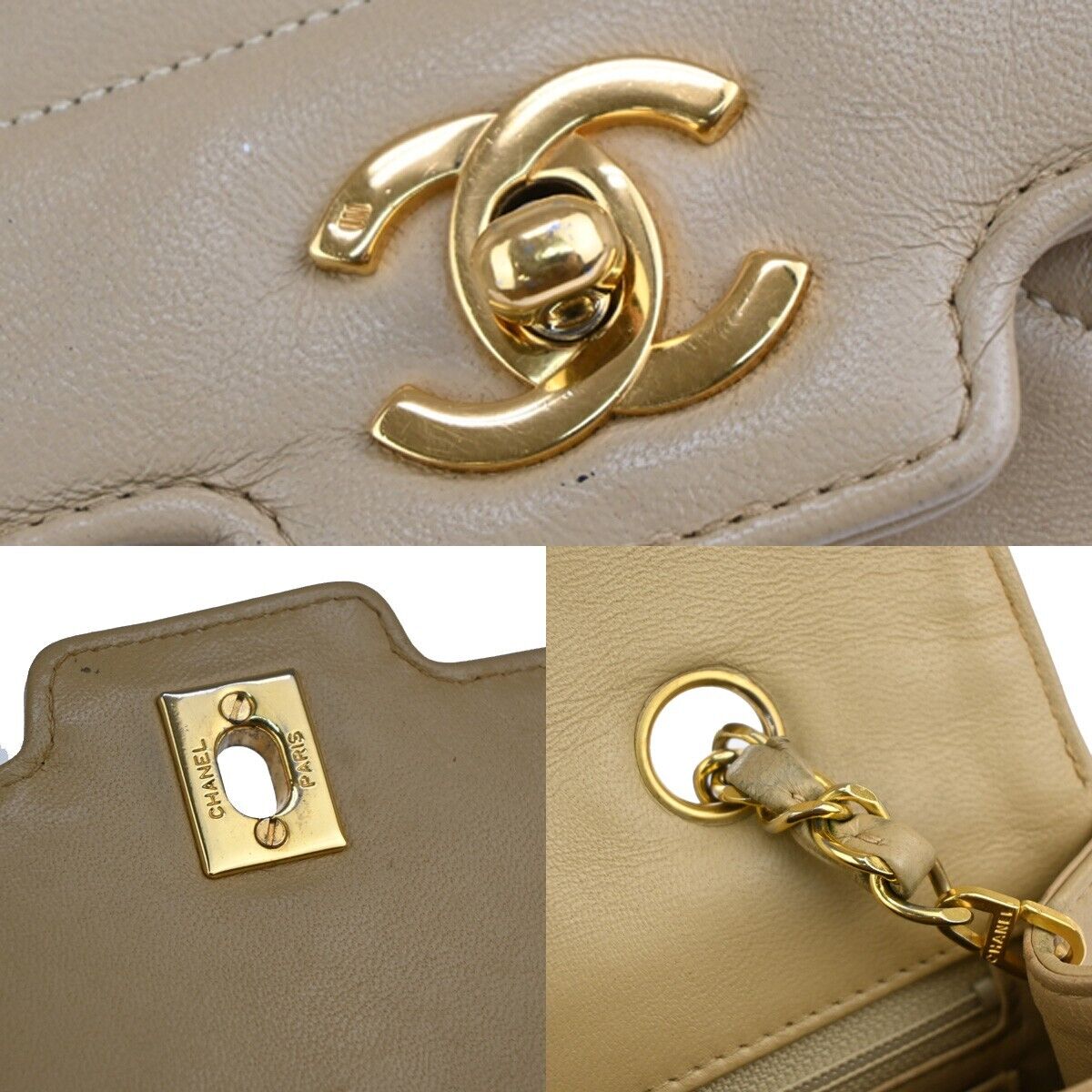 CHANEL CC Logo Matelasse Chain Shoulder Bag Leather Beige GHW Vintage 318RJ477